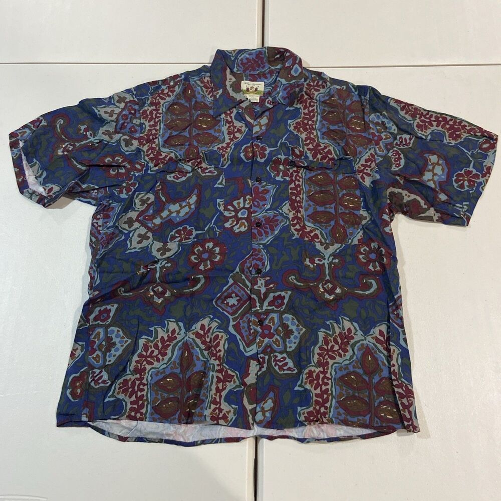 Vintage Reyn Spooner Hawaiian Shirt Mens XL Blue Rayon/Wool Button Up Abstract